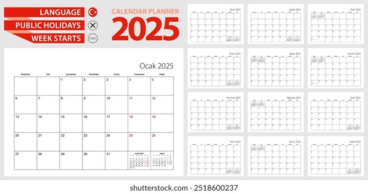 Planejador do calendário turco para 2025. Língua turca, a semana começa na segunda-feira. Modelo de calendário vetorial para Turquia e outros países.