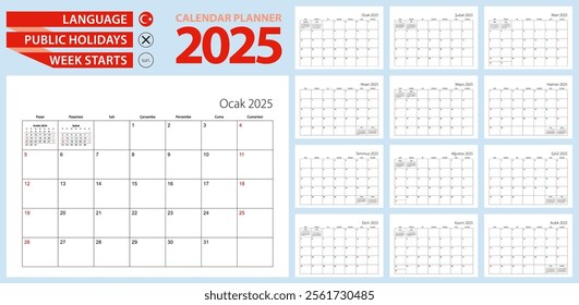 Turkish calendar planner for 2025. Turkish language, week starts from Sunday. Vector template.