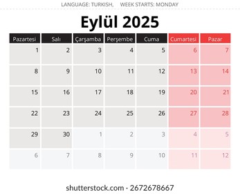 Calendario turco para septiembre de 2025. Ilustración vectorial mensual para Turquía