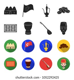 Turkish carpet, saz, drum, turkish men.Turkey set collection icons in black,flet style vector symbol stock illustration web.