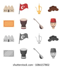 Turkish carpet, saz, drum, turkish men.Turkey set collection icons in cartoon,monochrome style vector symbol stock illustration web.