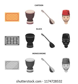 Turkish carpet, saz, drum, turkish men.Turkey set collection icons in cartoon,black,monochrome style vector symbol stock illustration web.