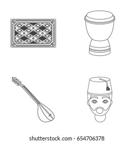 Turkish carpet, saz, drum, turkish men.Turkey set collection icons in outline style vector symbol stock illustration web.