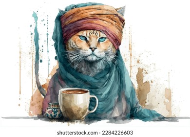 Gato turco con taza de café. Gato musulmán con turbante. Ilustración del vector acuarela para las cafeterías. Aislado sobre fondo blanco. Se puede usar para menú, logotipo o folleto, tarjeta de saludo, camiseta de diseño