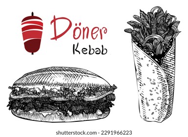 Turkish, caucasian street food with name doner ekmek and doner durum. Hand drawn vector illustration. Included logo "Doner Kebab" which is made of golden ratio.