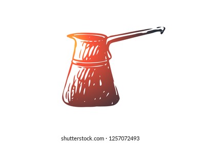 Turkish, cezve, coffee, beverage, drink concept. Hand drawn Turkish tool for preparing coffee concept sketch. Isolated vector illustration.