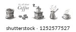 Turkish cezve pot, cup of hot drink, coffee beans, grinder and coffee sack bag. Coffee set. Hand drawn engraving vintage style illustrations.