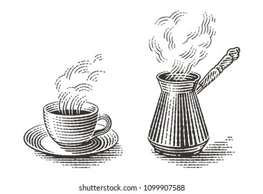 Turkish cezve pot and cup of hot drink. Hand drawn engraving style illustrations.