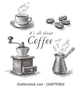 Turkish cezve pot, cup of hot drink, coffee beans and grinder. Hand drawn engraving style illustrations.