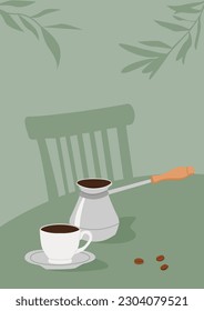 Turkish cezve pot and cup of hot freshly brewed specialty coffee. Alternative coffee brewing methods. Elegant summer scene at cafe. Vector flat style illustration.