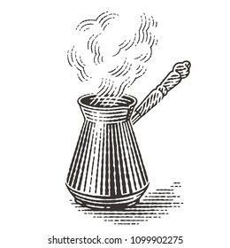 Turkish cezve pot. Hand drawn engraving style illustrations.