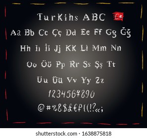 Turkish chalk alphabet uppercase, lower case , numbers and symbols isolated on black background . Concept for print, menu, cards 