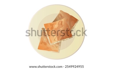 Turkish börek. Börek  with cheese. 3 square cut pastries on plate. Delicious Turkish pastry, Su boregi with cheese vector illustration. 