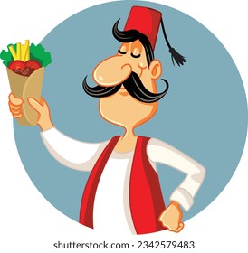 
Turkish Chef Holding a Traditional Kebab Dish Vector Cartoon Illustration. Happy man serving street food from Arabic cuisine traditions 
