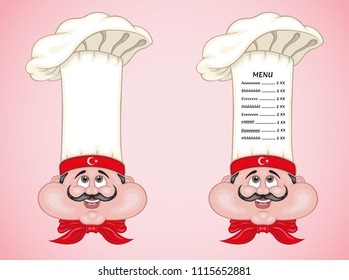 Turkish chef and menu on hat with food of Turkey. All the objects are in different layers and the menü text types do not need any font. 