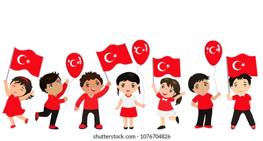 Turkish children with flags and balloons. graphic design to the Turkish holiday.