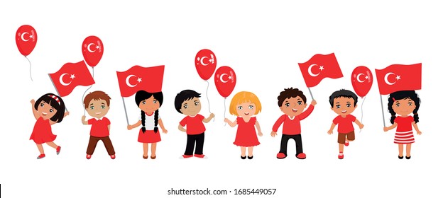 Turkish children with flags and balloons. graphic design to the Turkish holiday.