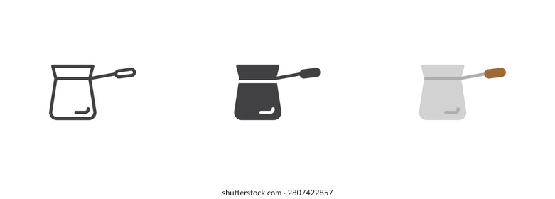 Turkish coffee cezve icon in line, solid and flat colorful color styles. Cezve icon vector sign and symbol for brewing, kitchen, cafe menu or barista design.