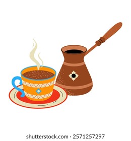 Turkish coffee with cezve. Traditional hot drink. Hand drawn vector illustration