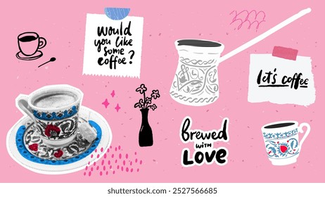 Turkish coffee collage art set, halftone photo of traditional cup, cezve and vector illustration of mug. Brewed with love, would you like some coffee handwritten text on notes