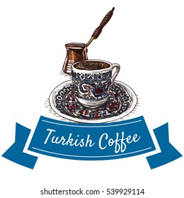 Turkish Coffee colorful illustration. Vector illustration of turkish cuisine.