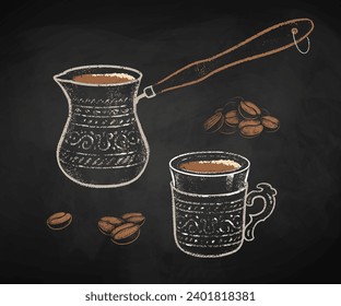 Turkish Coffee cup and Cezve on black chalkboard background. Vector chalk drawn sideview grunge illustration.