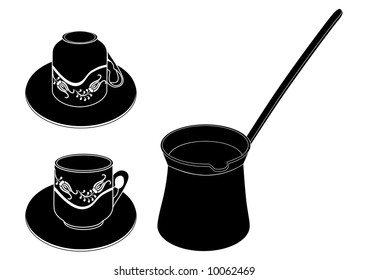 Turkish coffee cup and turkish coffee pot silhouette.