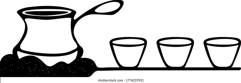 Turkish coffee cup in sand and three cups waiting for coffee to prepare. Making coffee in sand eastern way, doodle illustration