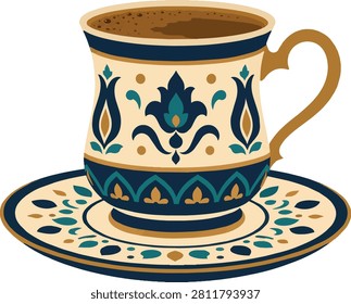 Turkish coffee demitasse cup with thick crema and geometric ornate pattern, flat vector illustration for cafe menu, lifestyle brochure, social media post, branding