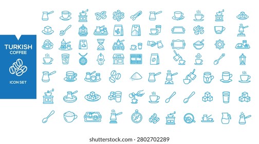 Turkish Coffee Icon Set: A comprehensive collection of outline icons representing various aspects of Turkish coffee culture, from brewing tools and ingredients to traditional motifs and servingware.
