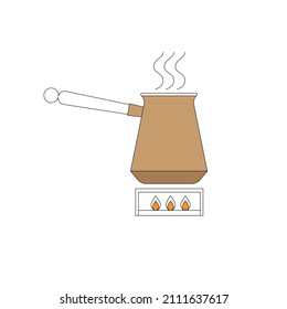 Turkish coffee maker on fire. Vector icon in contour style.