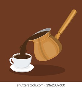 Turkish coffee making. Brewing hot tasty drink in a cezve. Cup of morning beverage preparation. Vector illustration in cartoon style