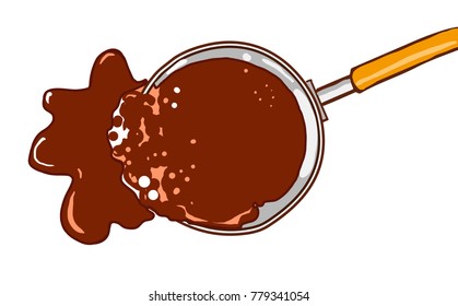 Turkish coffee overflowed of coffee pot, view from above. Full color vector sketch isolated at white.