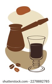 Café turco. Cartel de café para la decoración. Silhouettes de taza y с ilustración de ezve para el diseño de afiche, café-tienda. Colores marrones. 