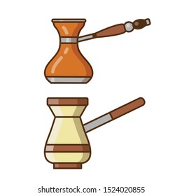 Turkish coffee pot and arabic cezve with handles monochrome illustration. Line design elements for coffee house and shop.