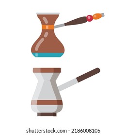 Turkish coffee pot and arabic cezve with handles illustration. Flat design elements for coffee house and shop.