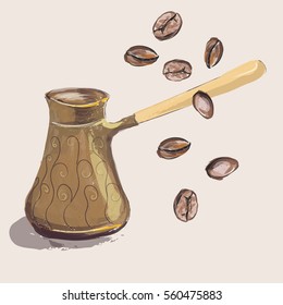 Turkish coffee pot, coffee beans.