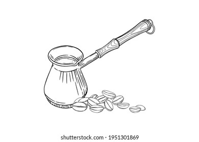Turkish coffee pot with beans. Side view of cezve pot with arabic coffee beans isolated in white background. Black and white engraved vector illustration