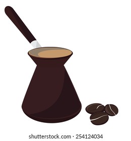Turkish coffee pot and black coffee beans, traditional breakfast