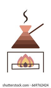 A turkish coffee pot boiling coffee on gas stove, flat vector illustration isolated on white background
