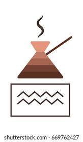  A turkish coffee pot boiling coffee on electric stove, flat vector illustration isolated on white background