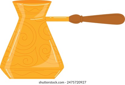 Turkish coffee pot cezve illustration bright orange design. Traditional coffee preparation utensil kitchenware isolated white background. Swirls pattern decoration lover accessories graphic