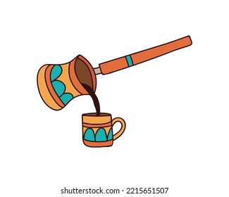 Turkish coffee pot and cup colorful doodle illustration. Turkish coffee pot and cup illustration in vector. Cezve illustration. Copper cezve colorful doodle illustration