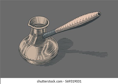 Turkish coffee pot. 
Hand drawn turkish coffee pot in engraving style for menu or cafe