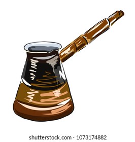 Turkish Coffee pot with handle. Equipment for cooking aromatic beverage. . Isolated white background. Vector illustration. Coffee utensils