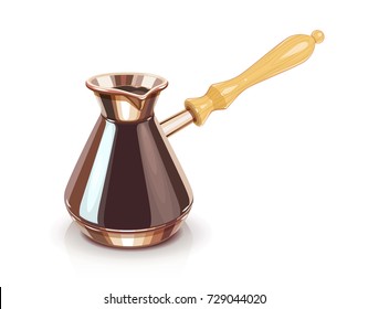 Turkish Coffee pot with handle. Equipment for cooking aromatic beverage. Copper cezve. Isolated white background. Vector illustration.