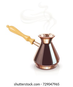 Turkish Coffee pot with handle. Equipment for cooking aromatic beverage. Copper cezve. Isolated white background. Vector illustration.