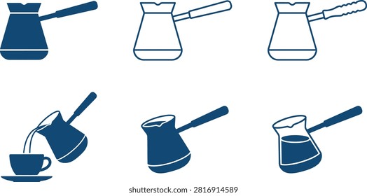 Turkish Coffee Pot Icon Set of Cezve Ibrik and Pouring Coffee Cup
