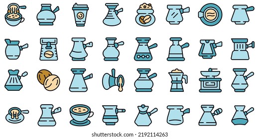 Los iconos de la cafetera turca establecen el vector de contorno. Café árabe. Cafetería