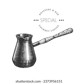Turkish Coffee Pot Illustration. Vector Hand Drawn Isolated Esat Kitchen Utensil. Vintage Style Barista Tool